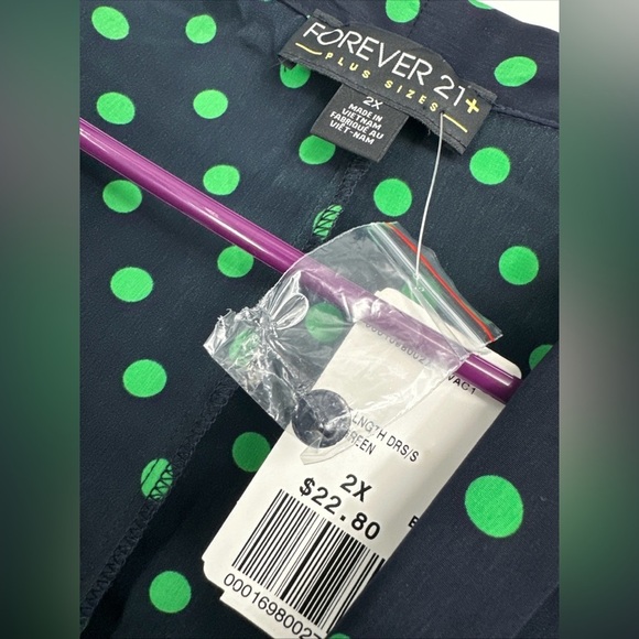 Forever 21 Plus Sz 2X Navy & Green Polkadot Satin Dress New - Picture 2 of 6